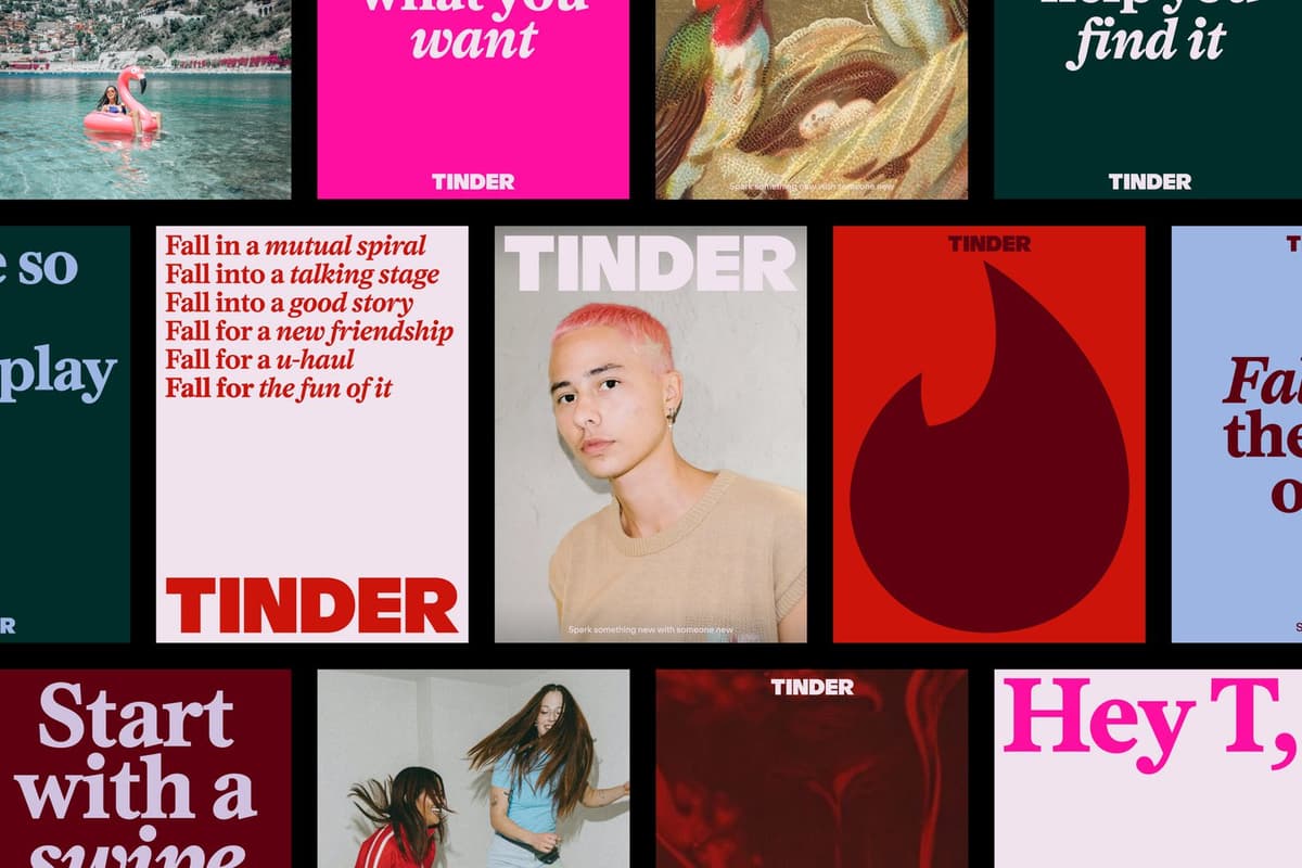 Tinder's 2026 identity system by Porto Rocha shown across campaign posters